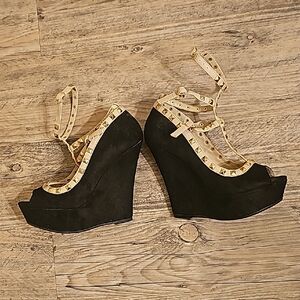 Black Wedge Peep-Toe Heels with Gold Studded Trim